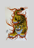 Tattoo design of a tiger with flames on a white background