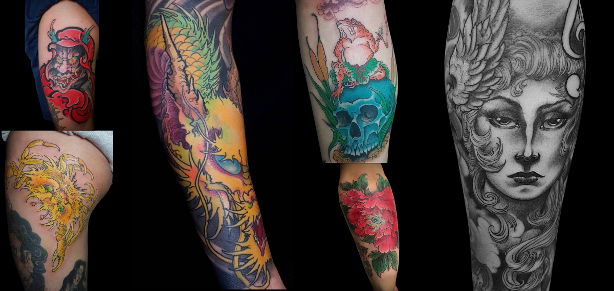 tattoos done in traditonal japanese and mythical and colorfull style. sleeves and costum tattoos by marcio sena utrecht nederland